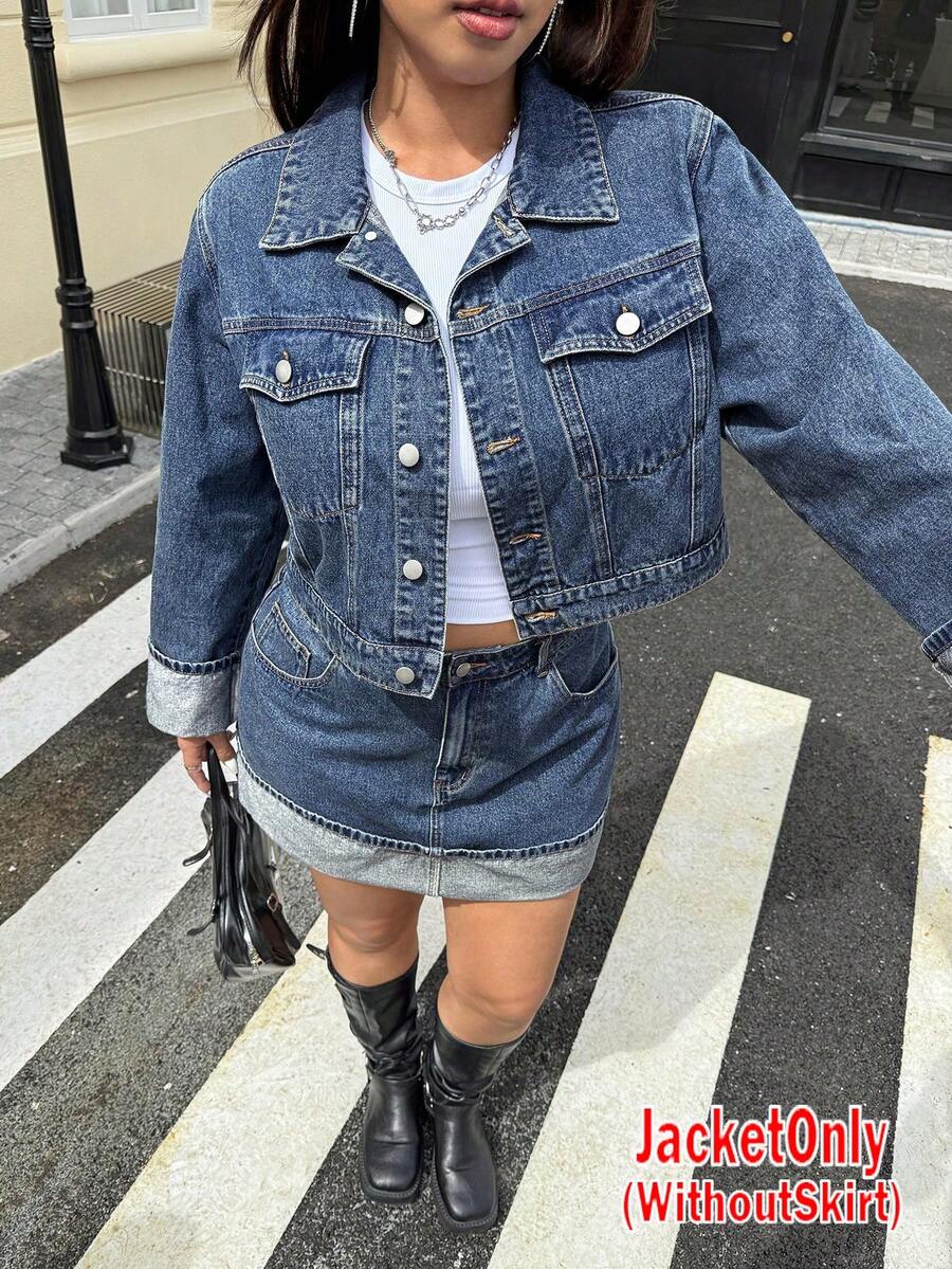 SHEIN ICON Plus Size Vintage Rolled Cuff Denim Jacket - Medium Wash - View 1