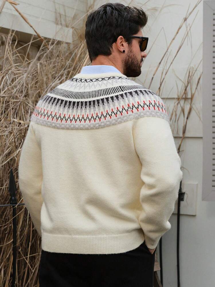 Men's Geometric Pattern Jacquard White Crew Neck Sweater, Autumn