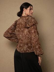 Freevana Blusa de manga farol con cuello de lazo, volantes y estampado floral de anacardo para mujer de talla grande, en color marrón, estilo bohemio, ropa de mujer de estilo campestre con estampado de paisley