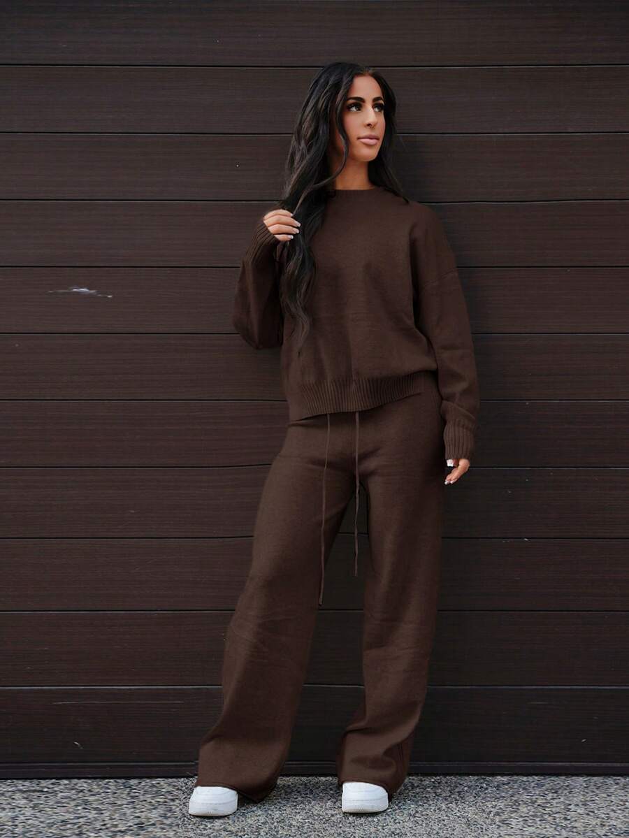 SAYEHFBABY 女士纯色圆领蝙蝠袖针织毛衣和阔腿针织裤,休闲两件套,秋冬 - 咖啡棕 - 查看 1