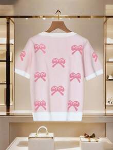 Elenzga Women's Bow Rhinestone Embellished Short Sleeve Knit Top, Unique Design - Multicolor - View 2