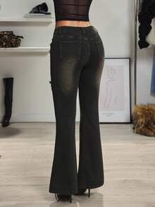 SHEIN Unity Y2K Fashion High-Waisted Heart-Shaped Belt Frayed Hem Flare Leg Washed Denim Jeans - Black - View 2