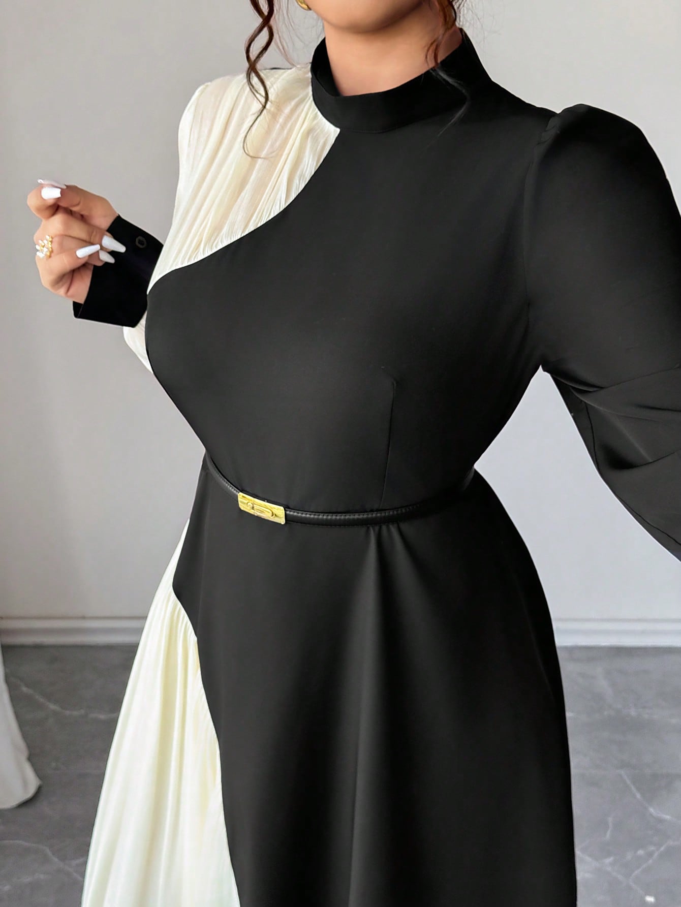 SHEIN Elenzya فستان أنيق طويل الأكمام مجعد بألوان...