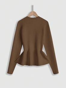 Franclia Femmes Élégant Mode Minimaliste Polyvalent Col Rond Volant Ourlet Taille Ajustée Cardigan Pull, Automne/Hiver - Camel - Voir 2