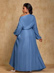 Brilight Damen Einfarbiges Kleid mit asymmetrischem Kragen, Langarm und plissiertem Saum - Grau-Blau - Übersicht 2
