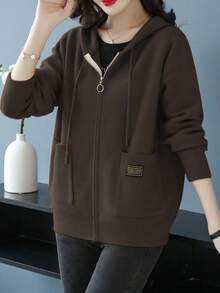 Chaqueta para mujer con capucha de tejido de punto, chamarra para dama con cremallera y bolsillos grandes, colores café y beige, cálida para días frescos - Café integral - Ver 5