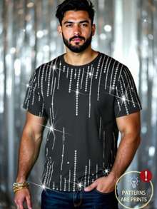 Mainfolk Kaos Pria Lengan Pendek Leher Bulat dengan Motif Rhinestone, Hitam Putih Gaya Streetwear Musim Panas, Kaos Kasual Serbaguna dengan Pola Grafis dan Bahu Longgar, Atasan Kaos Santai - Hitam - View 3