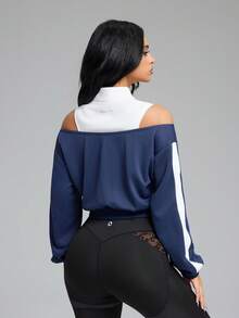 Innovista Contrast Color Splice Off-Shoulder Cropped Sports Jacket Women's Navy White Colorblock Cropped Knit Sports Jacket Zip Up Loose Fit Baggy Workout Top With Shoulder Cut Out Design Lightweight Fall Athleisure Running Cycling HIIT Office To Gym Daily Casual Oversized Hip Hop Relaxed Style Blouse Gym Blouses For Women Royal Blue Top Navy Blue Top