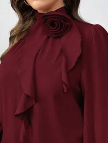 SHEIN Women Plus Size Elegant 3D Floral Decorated Ruffle Collar Blouse, Autumn For New Year Clothes,Valentine - Burgundy - View 4