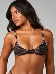 Missguided x Playboy Lace Bralette With Contrast Logo Straps Sheer Mesh Cups Bustier Top For Holiday Party Celebration Winter Intimate Lingerie - Black - View 1