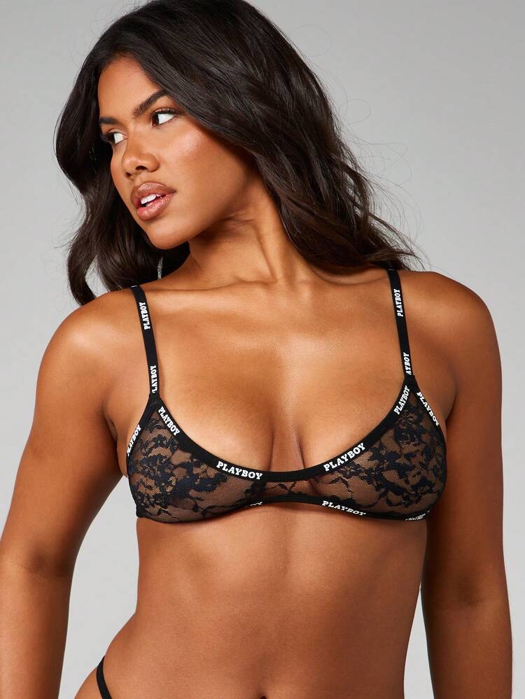 Missguided x Playboy Lace Bralette With Contrast Logo Straps Sheer Mesh Cups Bustier Top For Holiday Party Celebration Winter Intimate Lingerie