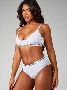 Missguided x Playboy Ribbed Cotton Bralette And Brief Set With Elastic Band Logo Detailing For Everyday Comfort And Support - Grey - View 5