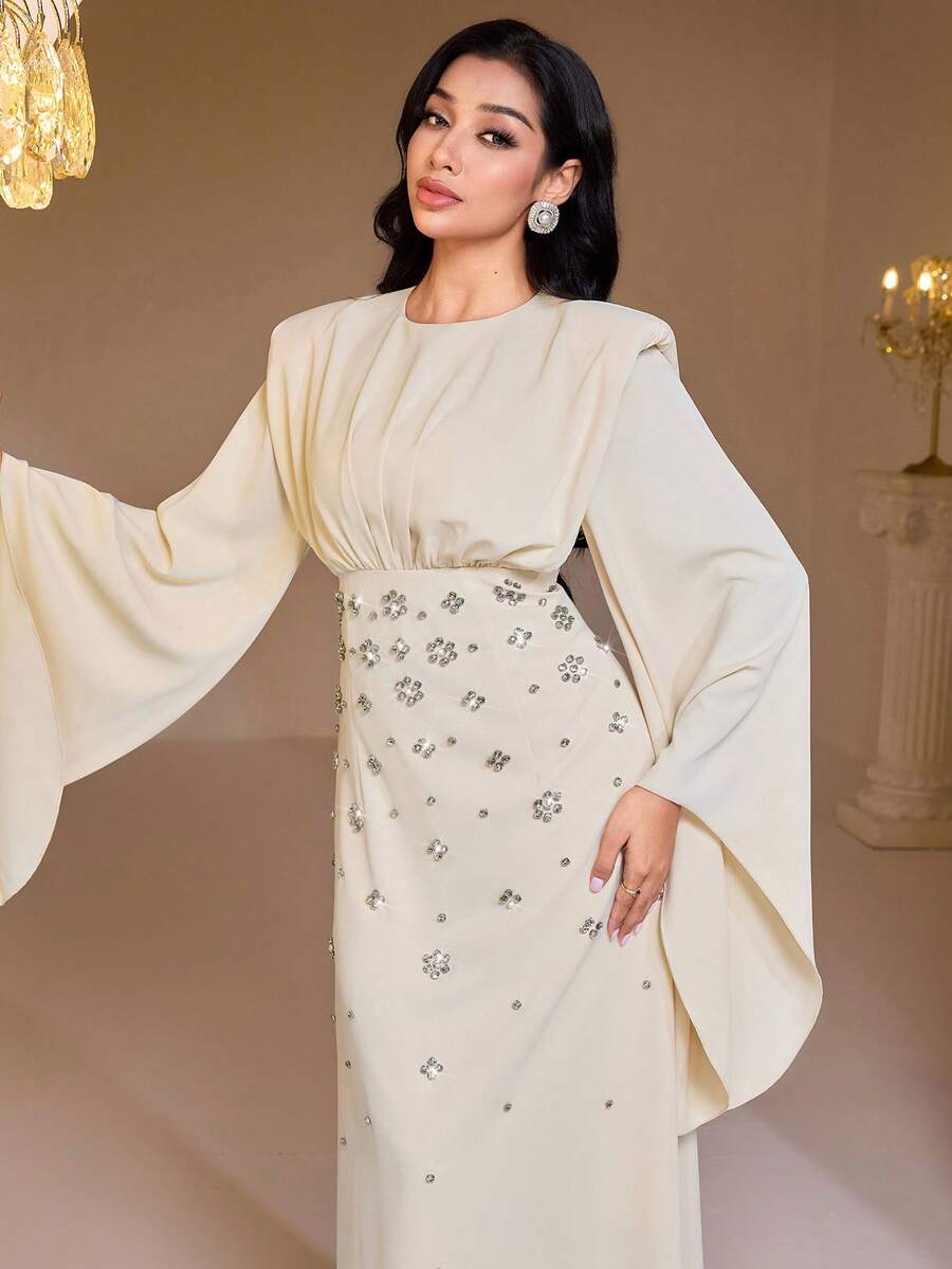 Veilorie 女士圆领喇叭袖水钻花卉装饰优雅阿拉伯风格连衣裙 - 黃色 - 查看 1