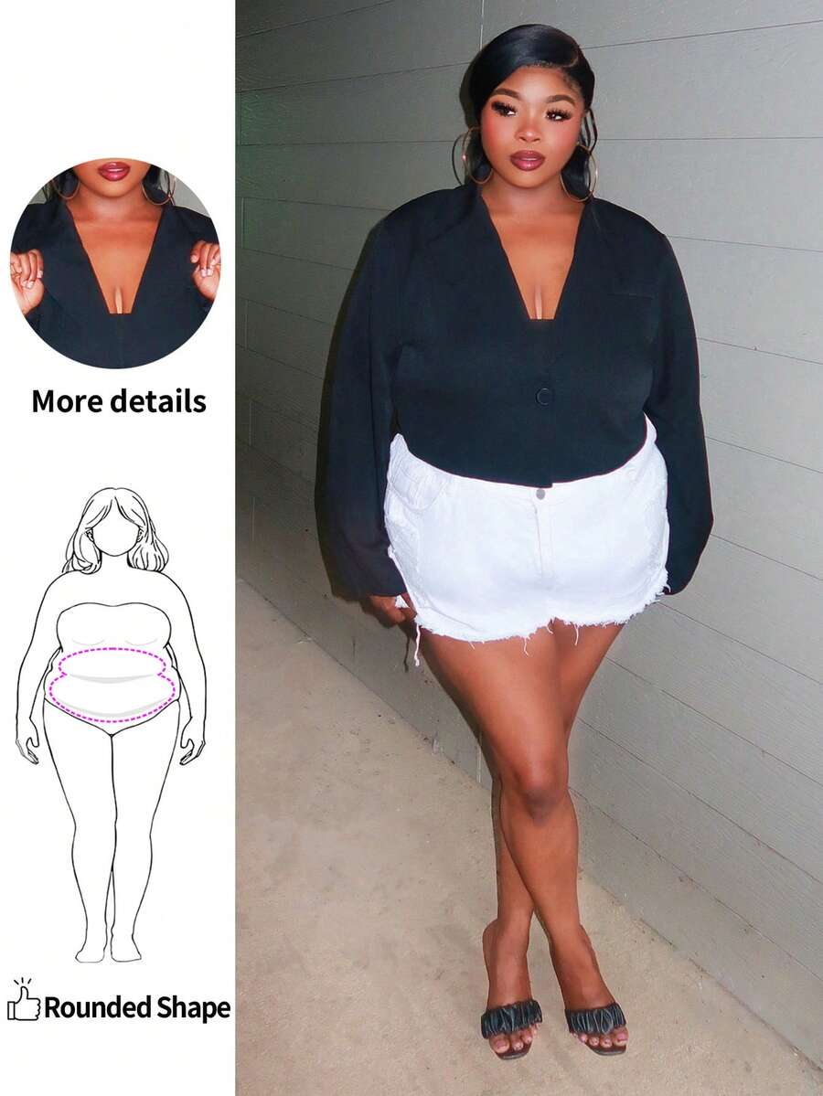 Enliva Plus Size Casual Versatile Commuter Solid Color Cropped Blazer, For Apple Rounded Body Shape - Black - View 1