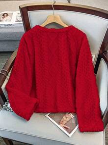 GlowEve CURVE Plus Size Elegant Reversible Argyle Pattern Crew Neck Jacketvalentine's Day  Valentine Outfits For Women  Valentine Outfits For Women  Valentine Clothes  Valentine's Day Outfit Plus Size Valentines  Valentine Outfits For Women Red Cardigan Women Fluffy Cardigan Cardigan Sweater Red Sweater Faux Fur Cardigan - Red - View 2