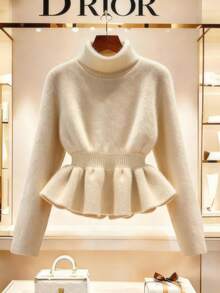 SHEIN Franclia New Autumn/Winter Gentle Elegant Commuting Cinched Waist Knitted Women Pullover Sweater Peplum Top Women Peplum Tops White Peplum Top Peplum Blouse Winter Clothes For Women Sweaters - Khaki - View 1