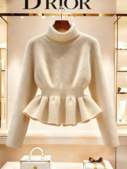 SHEIN Franclia New Autumn/Winter Gentle Elegant Commuting Cinched Waist Knitted Women Pullover Sweater Peplum Top Women Peplum Tops White Peplum Top Peplum Blouse Winter Clothes For Women Sweaters
