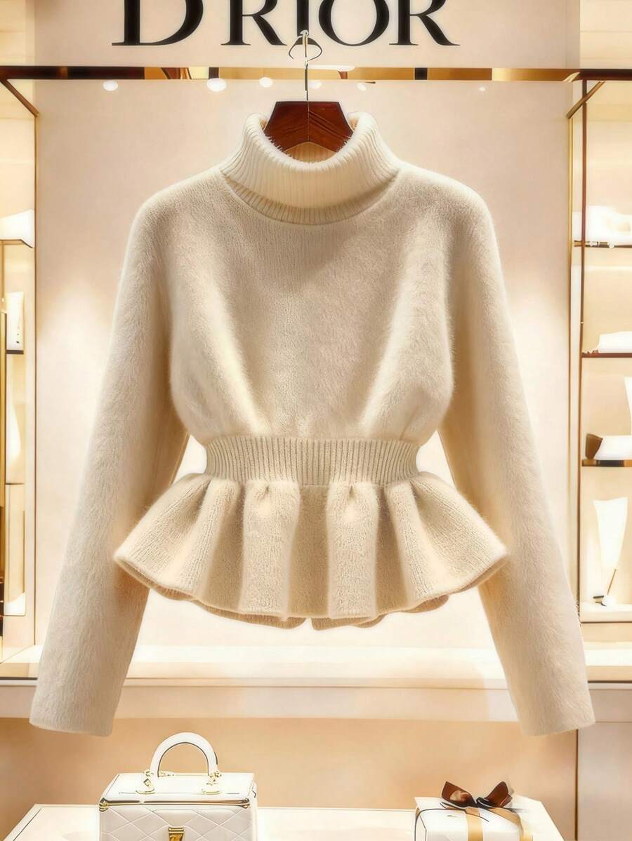 SHEIN Franclia New Autumn/Winter Gentle Elegant Commuting Cinched Waist Knitted Women Pullover Sweater Peplum Top Women Peplum Tops White Peplum Top Peplum Blouse Winter Clothes For Women Sweaters - Khaki - View 1
