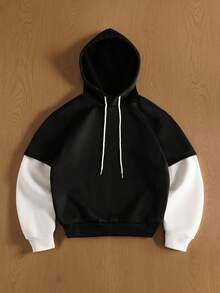 TOKVUE Sudadera con capucha holgada de bloques de color 2 en 1 con cordón, sudadera con capucha negra y blanca, sudaderas con capucha para hombres Y2K, sudaderas casuales para hombres, para otoño - Negro - Ver 1