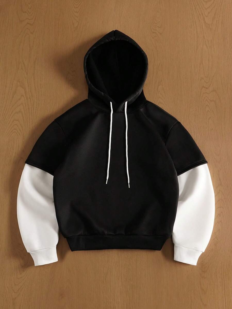 TOKVUE Sudadera con capucha holgada de bloques de color 2 en 1 con cordón, sudadera con capucha negra y blanca, sudaderas con capucha para hombres Y2K, sudaderas casuales para hombres, para otoño - Negro - Ver 1
