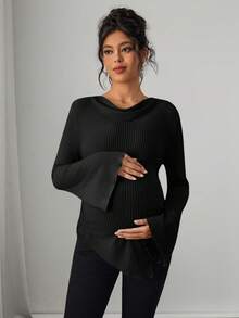 SHEIN Maternity High Neck Bell Sleeve Asymmetric Hem Drawstring T-Shirt, Autumn/Winter Women Clothing - Black - View 3