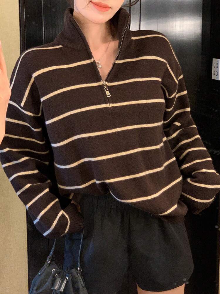 Striped Casual Loose Fit Half-Zip Long Sleeve T-Shirt For Women
