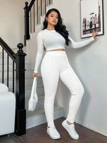 SHEIN EZwear 加大码黑色高腰休闲保暖打底裤，秋冬季 - 白色 - 查看 4