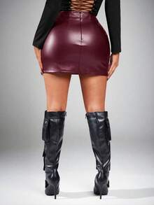 Radiana Women's Solid Color High Waist PU Leather Pleated Side Slit Hem Bodycon Skirt,Red Skirt,Spring To Summer, - Burgundy - View 2