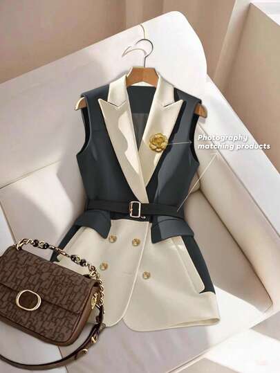 Lyxana Women's Lapel Contrast Color Button Decor Pocket Blazer Jacket