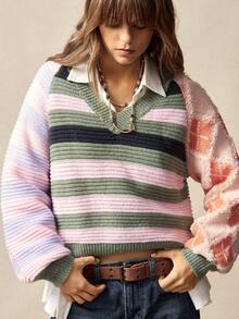 Bohemela Áo len nữ phong cách Boho mùa Đông/Xuân, kiểu dáng vintage, cổ chữ V, tay raglan, dáng rộng, kẻ sọc nhiều màu sắc, thích hợp cho các buổi hòa nhạc, tiệc tùng, đi biển, mặc hàng ngày, đi học, đi chơi, Giáng sinh, Năm mới, phong cách Y2K những năm 2000, kỳ nghỉ hè. - Nhiều màu - Xem 6