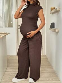 SHEIN 2 piezas Conjunto de camiseta sin mangas y pantalones de unicolor para maternidad - Marrón - Ver 5