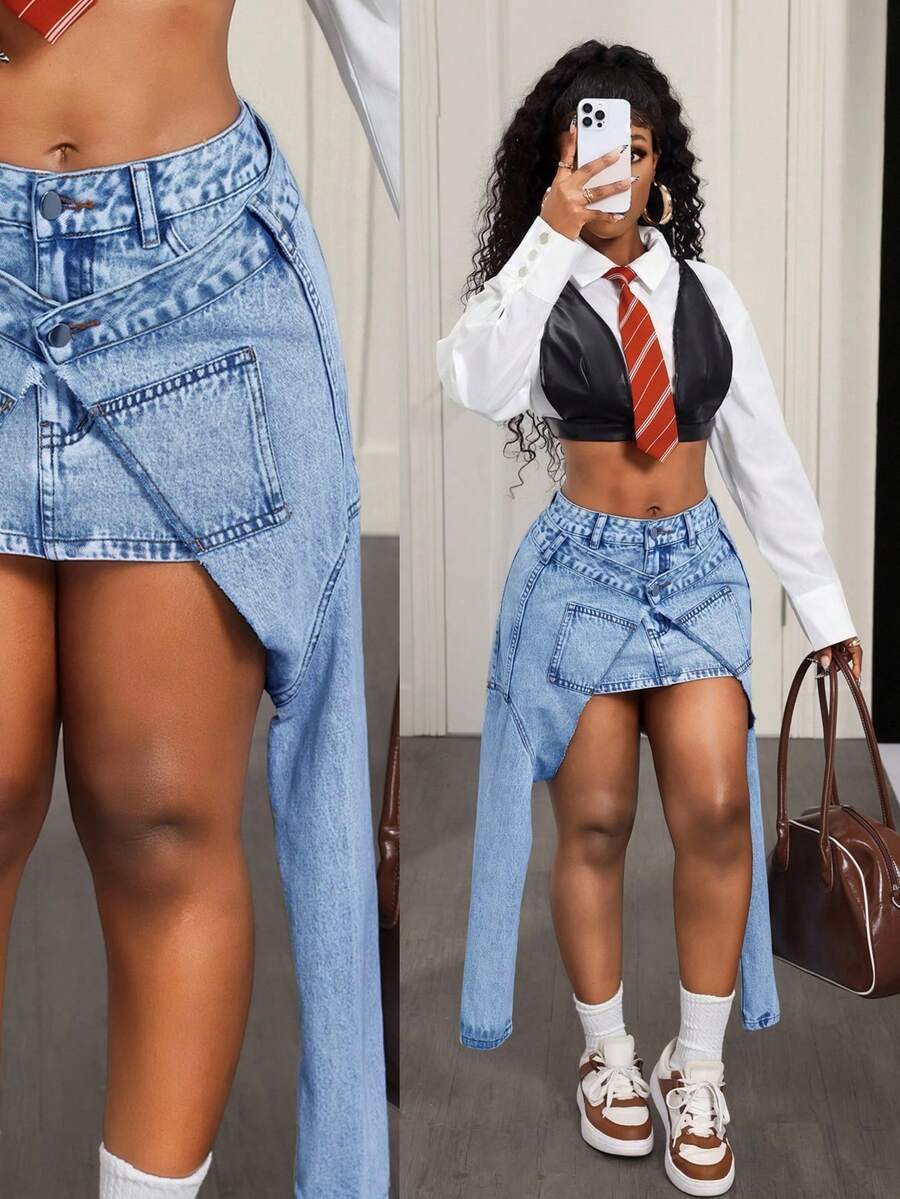 BamGleam Chân váy mini denim thường ngày dành cho nữ - Màu xanh lam - Xem 1