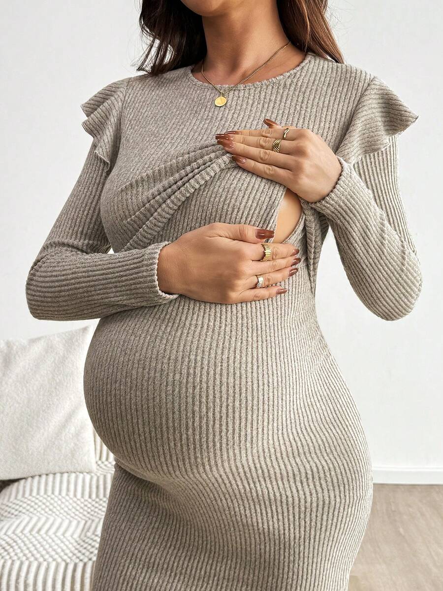 SHEIN 休闲舒适日常纯色长袖哺乳连衣裙 - 杏色 - 查看 1