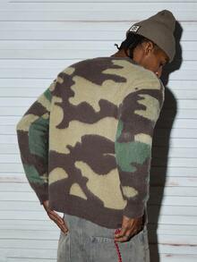 Modcrash Unisex Fluffy Camouflage Pattern Jacquard Knit Pullover Sweater, Casual Commuter Streetwear, Suitable For Autumn And Winter - Green - View 2