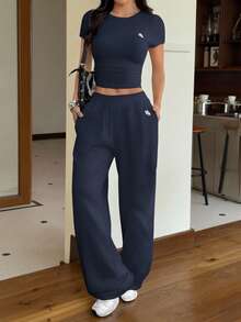 Muchica Women's Casual Short Sleeve T-Shirt And Pants 2 Pieces Set, Summer Pants Set Two Pieces - Navy Blue - View 1