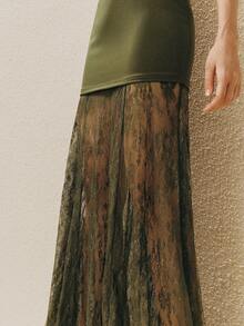 Arave Women's Elastic Waist Contrast Lace Skirt, Women's Black Long Lace See-Through Skirt, Sexy Bodycon Skirt, Flared Skirt, Suitable For Valentine's Day, - Army Green - View 6