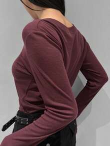 DAZY V-Neck Long Sleeve T-Shirt, Versatile Base Layer Top For Women, Autumn/Winter - Burgundy - View 11