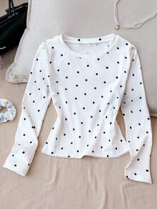 SHEIN Tween Girls Polka Dot Print Long Sleeve Round Neck T-Shirt - Black and White - View 3