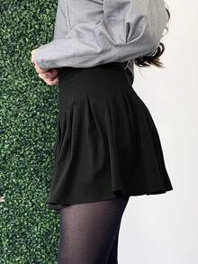 Andrea Bello Mini Skirt Zipper Solid Pleated Skirt - Black - View 4