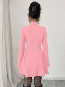 SHEIN Elenzya Đầm mini tay dài xếp ly cổ đứng màu trơn thời trang thanh lịch cho nữ - Hồng - Xem 2