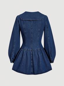 Sweetra Fashionable Casual Tie Front Lantern Sleeve Denim Dress For Women - Blue - View 2
