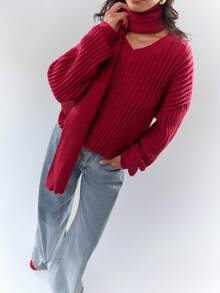 Glamine Damski sweter w jednolitym kolorze z dekoltem w serek i długim rękawem, na co dzień, jesień/zima - Burgund - Zobacz 3