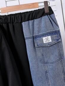 Mirajuku 2pcs Young Boy Casual Fashion Denim Patchwork Crew Neck Sweatshirt And Elastic Waist Jogger Pants Set, Loose Fit, Comfortable, Versatile, Suitable For Autumn, Spring, Winter, Daily Wear, Commute, Outdoor, Sports, School, Streetwear, Party, Photography - Multicolor - View 6