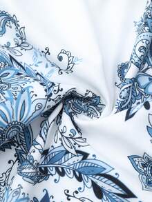 EMERY ROSE Women's Vintage Casual Long Sleeve Waist Cinched Short Dress,White And Blue Floral,Autumn,Boho,Tea Party,Holiday Lantern Sleeve Vacation Outfits - Blue and White - View 9