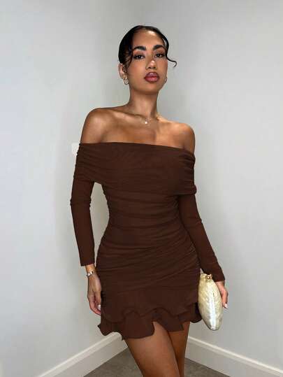 SHEIN BAE Vestido mini elegante y dulce de manga larga con hombros descubiertos, unicolor melocotón, de punto de malla con pliegues, con volantes exagerados en el bajo, adecuado para reuniones de té por la tarde, salidas de moda, citas, salidas dulces, salidas nocturnas, vestido de fiesta de Navidad, vestido de Año Nuevo, atuendos de mujer para vacaciones, vestido de manga larga, atuendos sexy de mujer, atuendos de mujer para club, vestido mini de manga larga