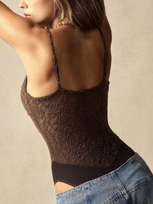 Bohemela Plus Size Summer Casual Lace Patchwork Jacquard Bodysuit - Brown - View 7