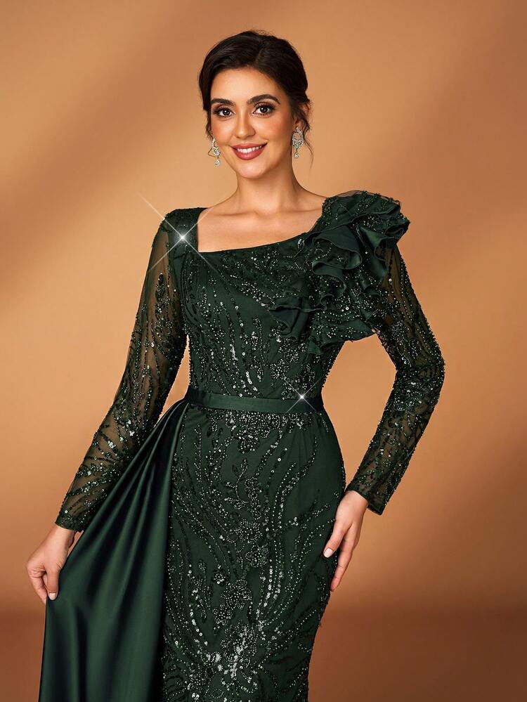 dark green mother of the bride dresses Serin Stunning Maxi Dress Featuring Sequins Ruffles And Long Sleeves forest green mother of the bride dress