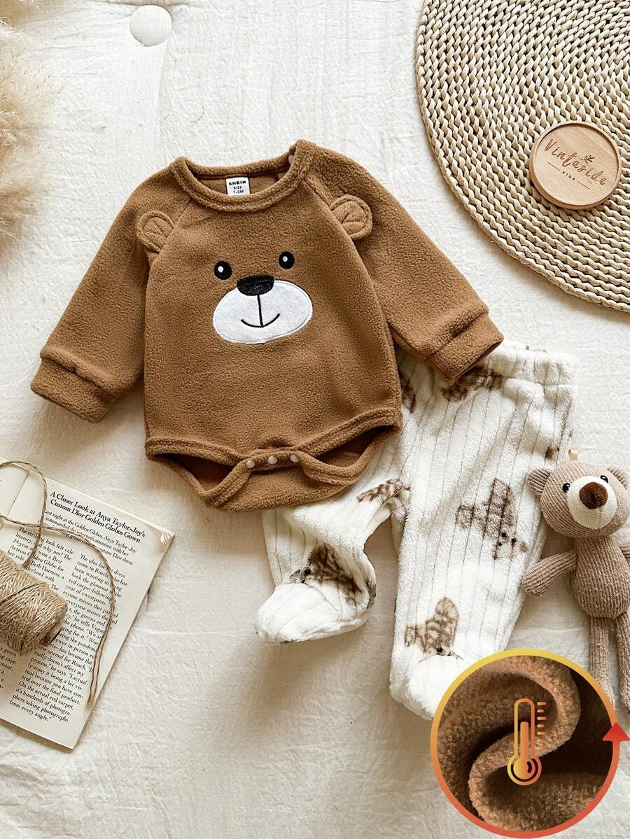 SHEIN 2pcs Baby Boy Cute Bear Print Fleece Long Sleeve Romper And Pants Comfortable Pajama Set