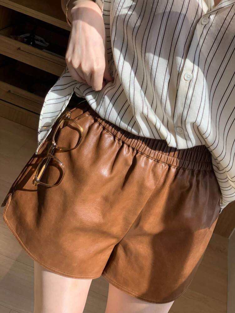 High Waist Classic A-Line Wide Leg PU Leather Shorts For Women, Casual Versatile Shorts For Autumn/Winter
