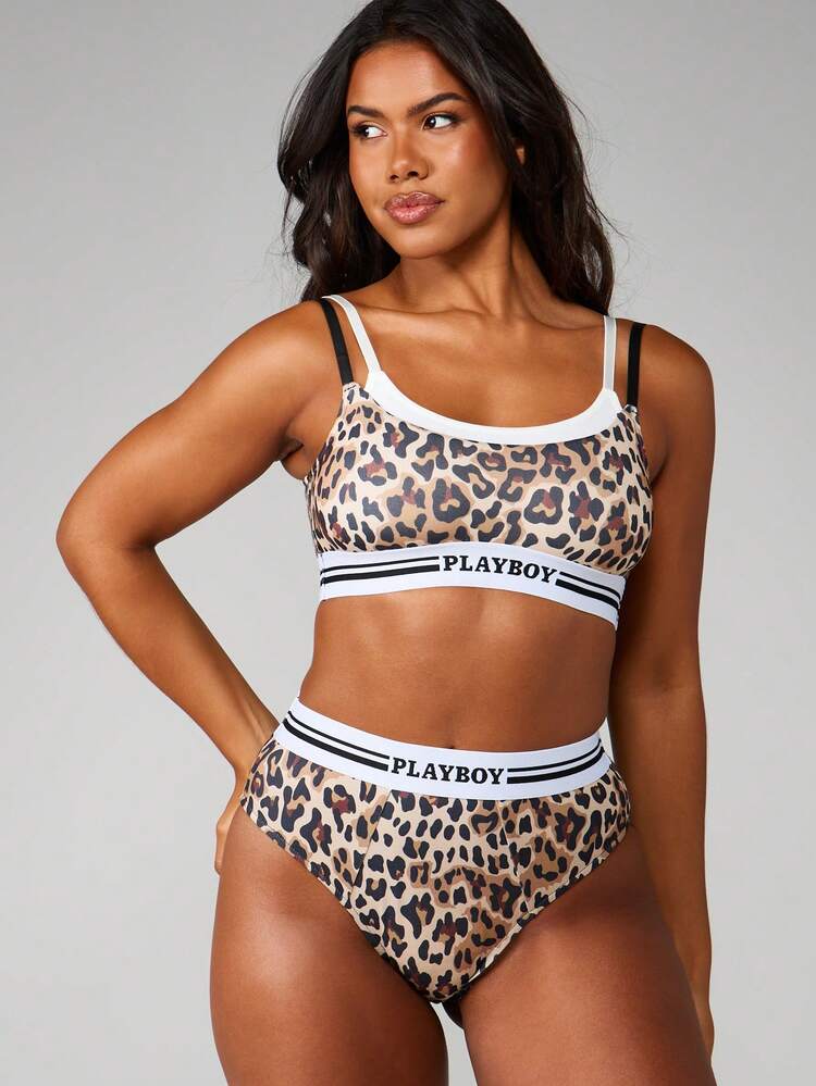 Missguided x Playboy Leopard Print Bralette And High Waisted Panty Set With White Contrast Elastic Band And Logo Detail
